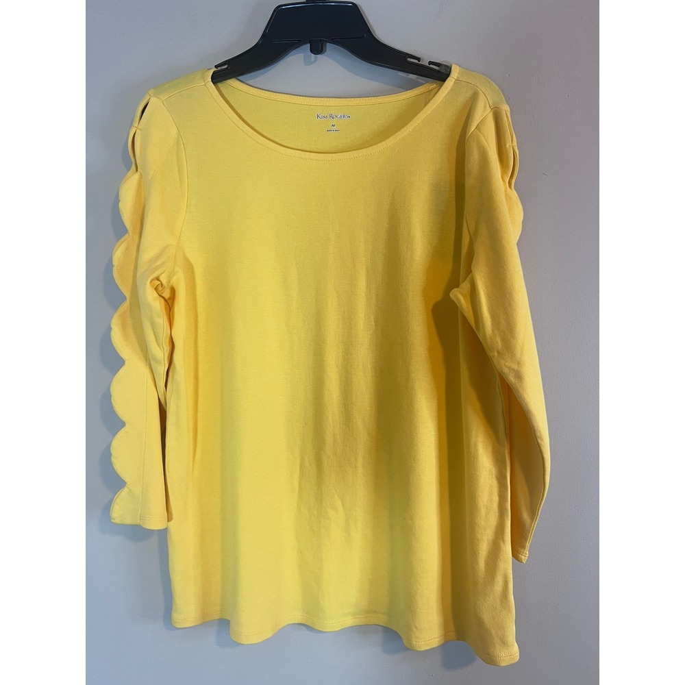 Kim Rogers Womens Yellow Scallop Cutout Long Sleeve Scoop Neck Top Size M